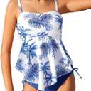 GRACE KARIN Girls Tankini Swimsuit Swimwear Teen Cute Ruffle Bathing Suit Kids 2 Piece Shirred Bikini Set with Padded 8 Years Old (Dark Blue-coconut Tree)