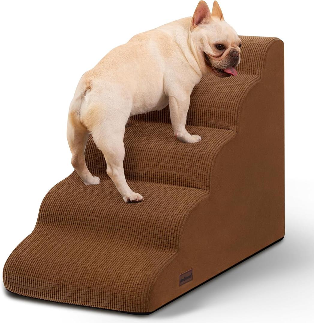 Aodisman 5-Step Dog Stairs and Ramp for High Bed, Non-Slip Sturdy Pet Steps for Small Dogs and Cats, 22.2" H, Brown