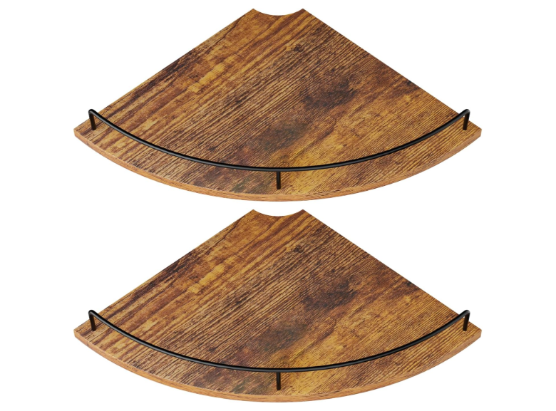FNBAR Corner Floating Shelves, Rustic Brown Wood, Set of 2, Wall Mount Storage with Guardrail for Bathroom Kitchen Living Room