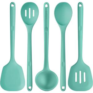600ºF Heat Resistant Kitchen Utensil: U-Taste 13.6" Extra Long Silicone Cooking Tools Set, Food-Grade Non-Stick Solid and Slotted Turner Spatula, Mixing Spoon, and Soup Ladle (5 Pieces, Aqua Sky)