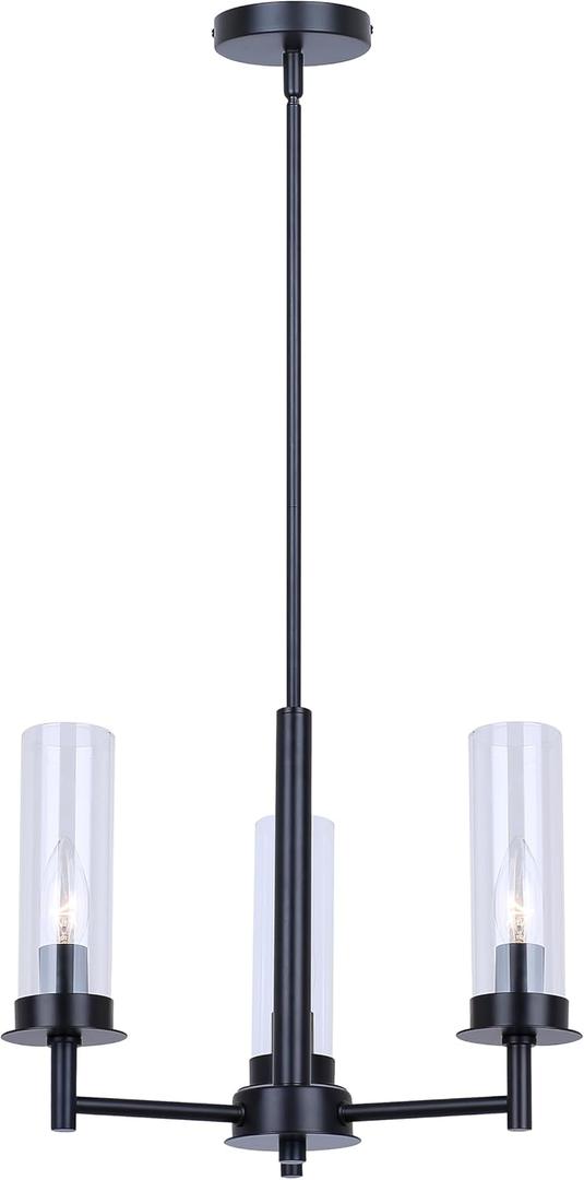 Canarm Maverick 3-Light Chandelier, Matte Black with Clear Glass Shades, Adjustable Height, Transitional Modern Lighting for Dining Room