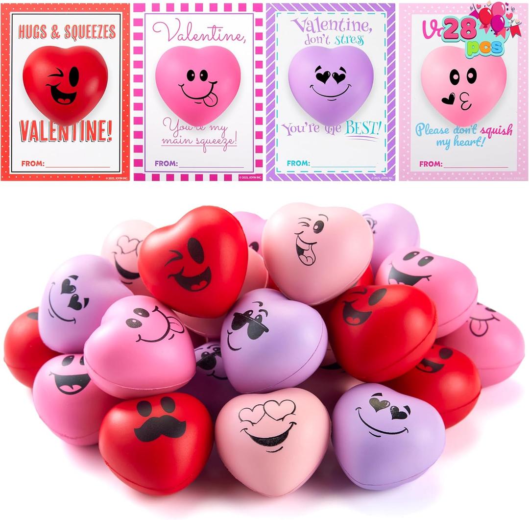 JOYIN 28 Pcs Valentines Day Heart Shape Stress Ball with Cards Stress Relief Fidget Toy for Valentine Party Favors, Classroom Prize Supplies, Valentines Greeting Cards, Valentine Exchange Gifts