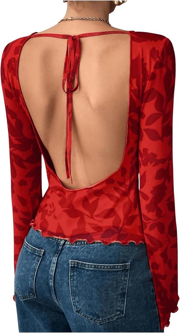 MakeMeChic Women's Floral Tie Backless Tee Top Crew Neck Lettuce Trim Long Sleeve T Shirt Tops (Small, Red)