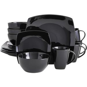 Gibson Elite Soho Lounge Square Reactive Glaze Stoneware Dinnerware Set, Service for 4 (16pc), Black