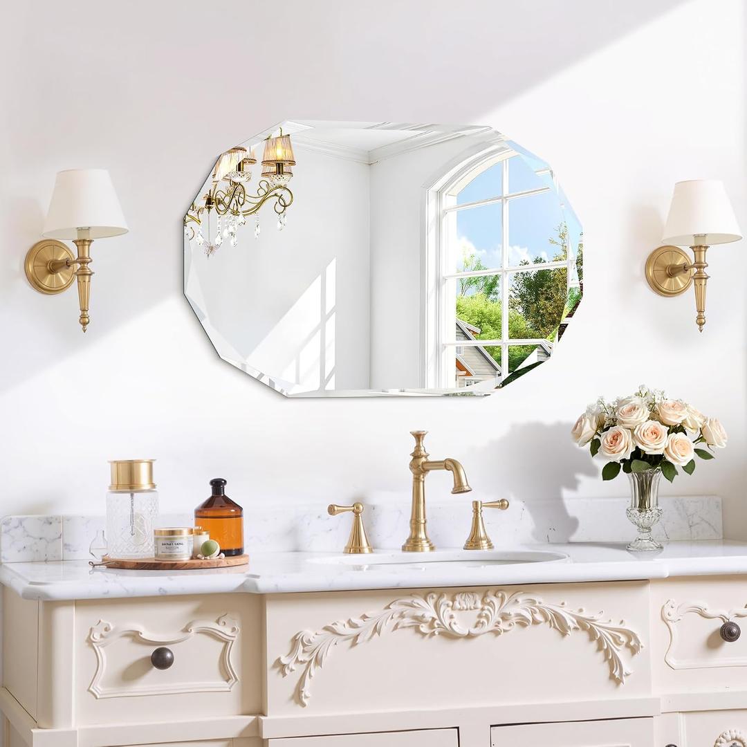 GLASHOM Frameless Bathroom Mirror, 16" x 24" Beveled Oval Wall Mirror for Over Sink, 16 Inch Modern Decorative Vanity Mirror for Bedroom, Living Room, Entryway, Hanging Mirror Horizontal or Vertical