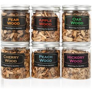 6Pack Natural Wood Chips for Smoker Grill and Smoking Gun, Oak, Pecan, Apple, Pear, Cherry and Peach About 80g Each, Smoker Woodchips for BBQ Smoking Beef Pork Chicken Fish and Whisk