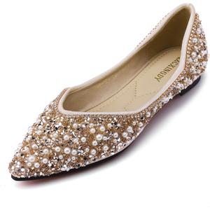 Women's Rhinestone Flats Fashion Pointed Toe Pearl Diamond Low Heel Dress Wedding Flats Work Business Dance Ballet Flats Gold Size - 11