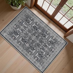 Washable 2x3 Entryway Area Rug - Small Non Slip Vintage Kitchen Runner Rugs Indoor Entrance Soft Neutral Stain Resistant Bathroom Mat Farmhouse Carpet for Bedroom Living Room Entry Laundry 2'x3' Black