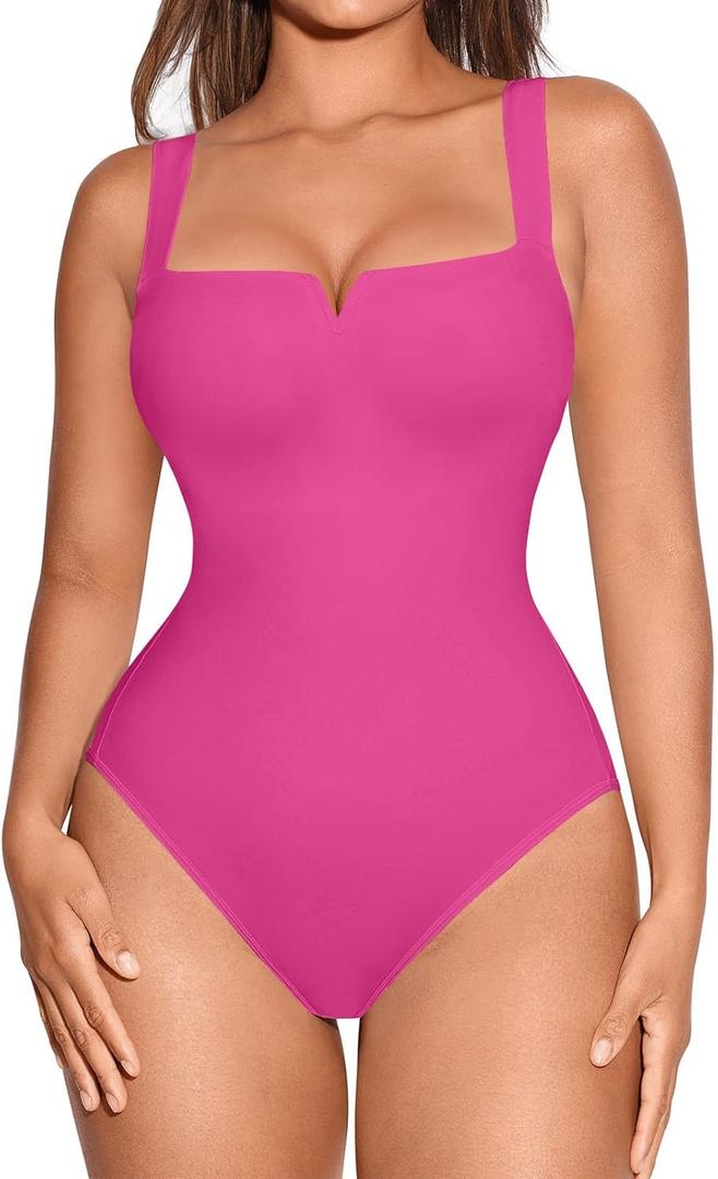 FeelinGirl Square Neck Bodysuit for Women Sleeveless Tummy Control Slimming Bodysuit Going Out Tank Tops (Large, Pink)