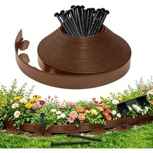 Landscape Edging Garden Border 100ft x 2in, 180 Stakes, Brown