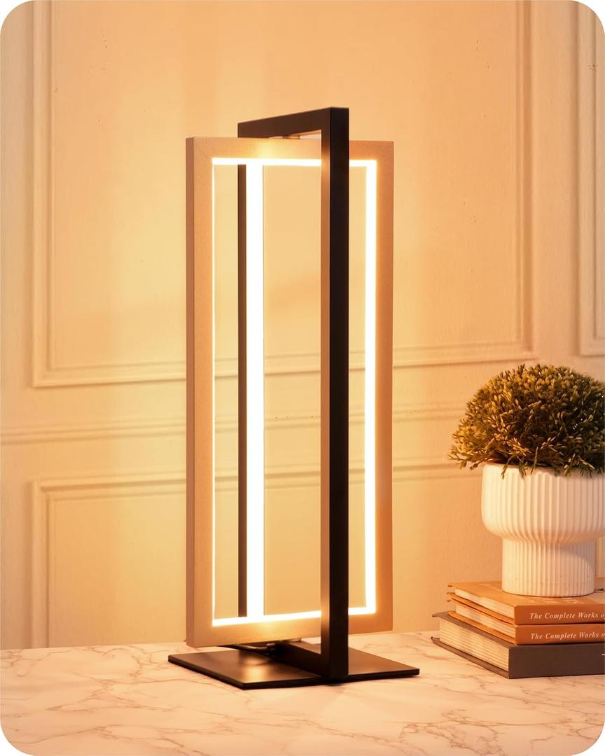 EDISHINE LED Table Lamp, 3 Color Temperatures Bedside Lamp (3000K 4500K 6000K), Stepless Dimmable Nightstand Lamp for Living Room Bedroom Office, Dual-Frame Rectangle, Angle Adjustable 850LM 18W (Gold)