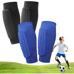 2 Pairs Soccer Shin Guards, Shin Guards Soccer Kids Youth Adult Calf Compression Sleeve with Honeycomb Pads Lightweight Calf Protective Gear for Football & Baseball Boxing MTB for Boys, Girls (Small, Black+Blue)