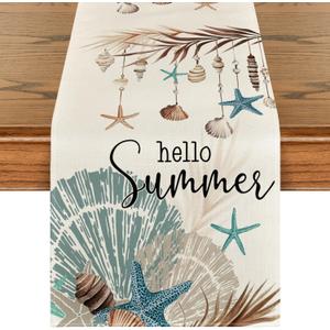 Artoid Mode Conch Starfish Hello Summer Table Runner, Sea Shell Seasonal Kitchen Dining Table Decoration for Home Party Decor 13x72 Inch (Beige)