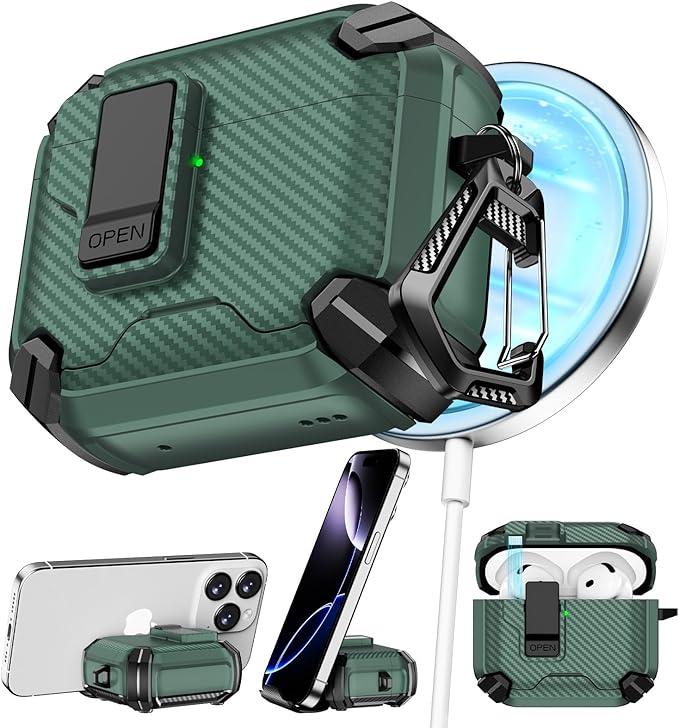 Pohgelan Compatible with AirPods 4th Case,Magnetic Automatic Lock with Phone Stand & Cleaning Kit,Compatible with Magsafe,Carbon Fiber Texture Cover Green