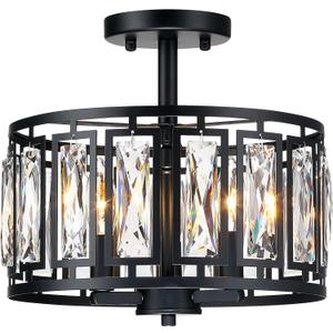 Modern Crystal Semi Flush Mount Ceiling Light Black Close to Ceiling Light Fixtures,3-Light Ceiling Light for Dining Room Bedroom Kitchen Island Hallway Entryway