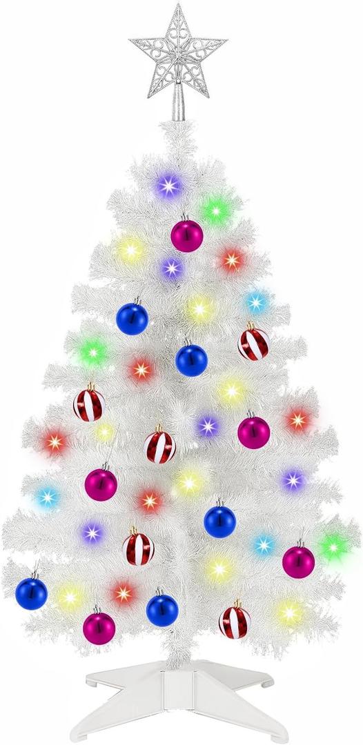 [ Remote Control & 8 Modes ] 3 Ft Christmas Tree with Timer 50 Warm White & Multi Color Lights, 15 DIY Ornaments 3D Star Topper - Artificial Small Christmas Tree for Home Indoor Tables - White