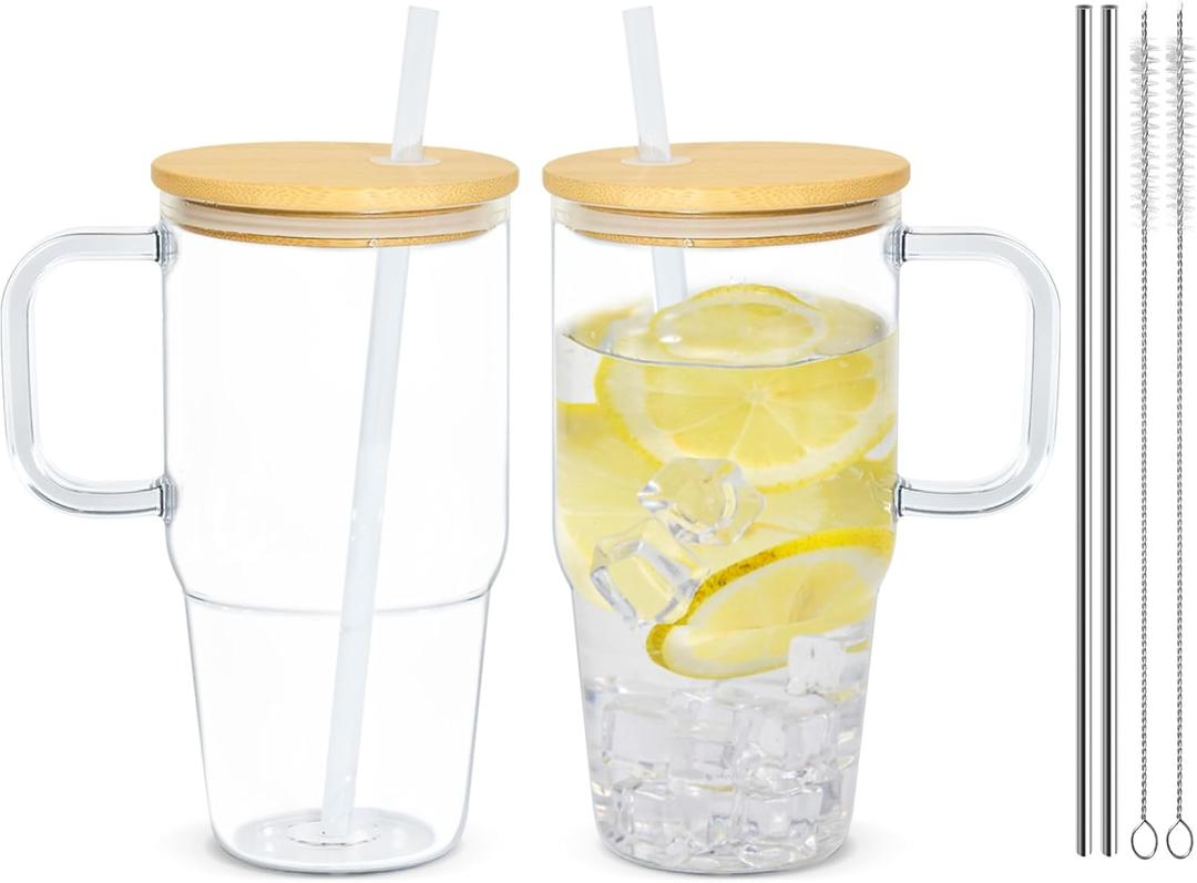 20oz Plastic Tumbler with Handle, 2Pack Clear Tumblers with Lid and Straw, Iced Coffee Cup with Bamboo lids for Cold Drinks, Coffee, Soda, Tea, Milk, Juice