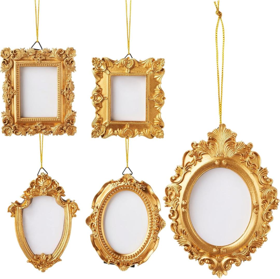 5 Pcs Mini Gold Photo Frames with Hook and Rope Resin Small Vintage Picture Frame Baroque Wall Hanging Picture Display Decoration for DIY Refrigerator Christmas Tree Home Ornaments, 5 Style