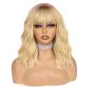 Ombre Blonde Bob Wig with Bangs Loose Wavy Blonde Wig for Women Heat Resistant Synthetic Wigs for Daily Party Use 14 Inch