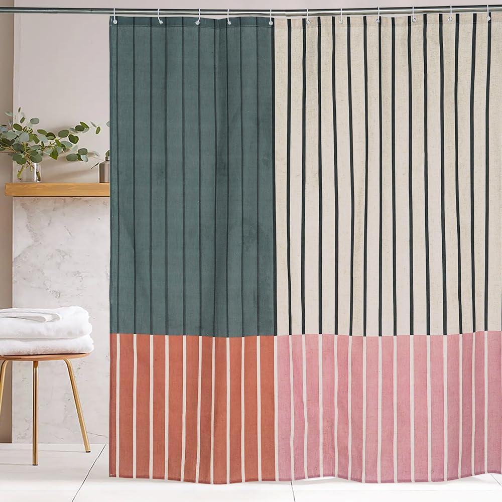 Abstract Linen Shower Curtain Sets Color Block Line Minimalism Bathroom Curtain 72x72inch Art Bath Curtain Waterproof and Linen Fabric for Bathroom