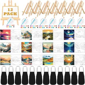Motipuns 12 Set Pre Drawn Canvas for Painting for Adults Sip and Paint Kit with Easels 8 x 10 Inches Paint Party Kit with Printed Canvas Paints Brushes Palette Bag Apron(Landscape)