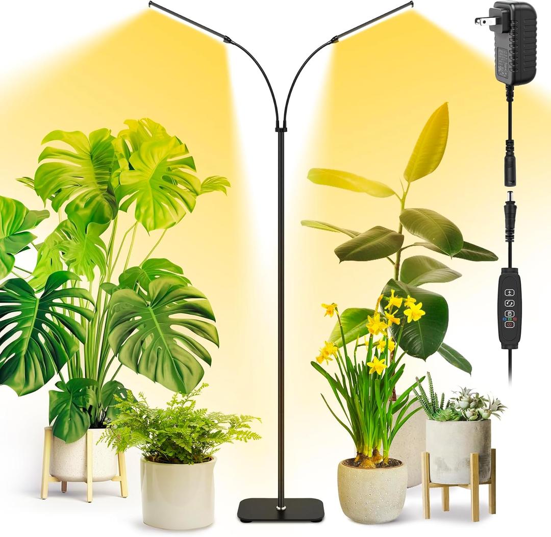 MistyJungle Grow Light for Indoor Plants, Full Spectrum Dual Heads Grow Light with Adjustable Gooseneck, 3/9/ 12H Auto Timer, 10Level Dimmable Floor Lamp for Large Plants, Seedlings & Winter Growing