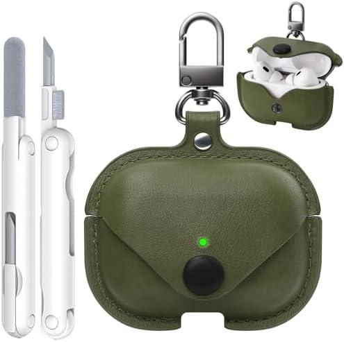 TNSNK for Airpods Pro 2 Case Leather, AirPods Pro Case with Keychain & Cleaner Kit for Apple Airpods Pro 2nd/1st Generation (2023/2022/2019), Full Protective Leather Case Cover for Men Women (Green)