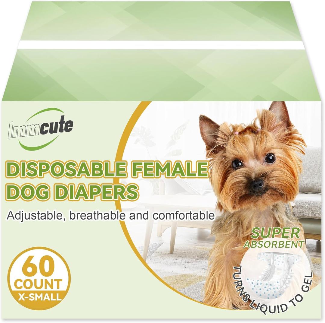 2 x IMMCUTE Dog Heat Diapers Female, X-Small, 60 Count, Breathable & Adjustable Disposable Dog Diapers, Super Absorbent, Female Dog Diapers for Heat, Excitable Urination, Incontinence