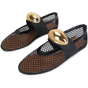 DOEYG Mesh Ballet Flats for Women Buckle Strap Comfy Casual Office Fishnet Ballerina Flat Shoes, US9, Black Gold