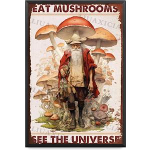 2 x Vintage Tin Sign Eat Mushrooms See The Universe For Men Women Wall Decor Bars Restaurants Cafes Pubs 8.00"x12.00" with Metal Frame