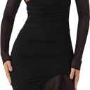 Womens Sexy Ruched Bodycon Midi Dress Long Sleeve High Low Formal Cocktail Party Dress (Black)