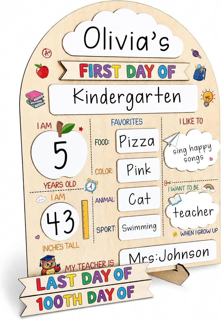 First & Last Day of School Sign, Reusable Wooden Board for Kids, PreK | 9" x 7" Wooden Reusable Signs, Dry-Erase Writing Surface, Tabletop Stand, First Day of School Sign