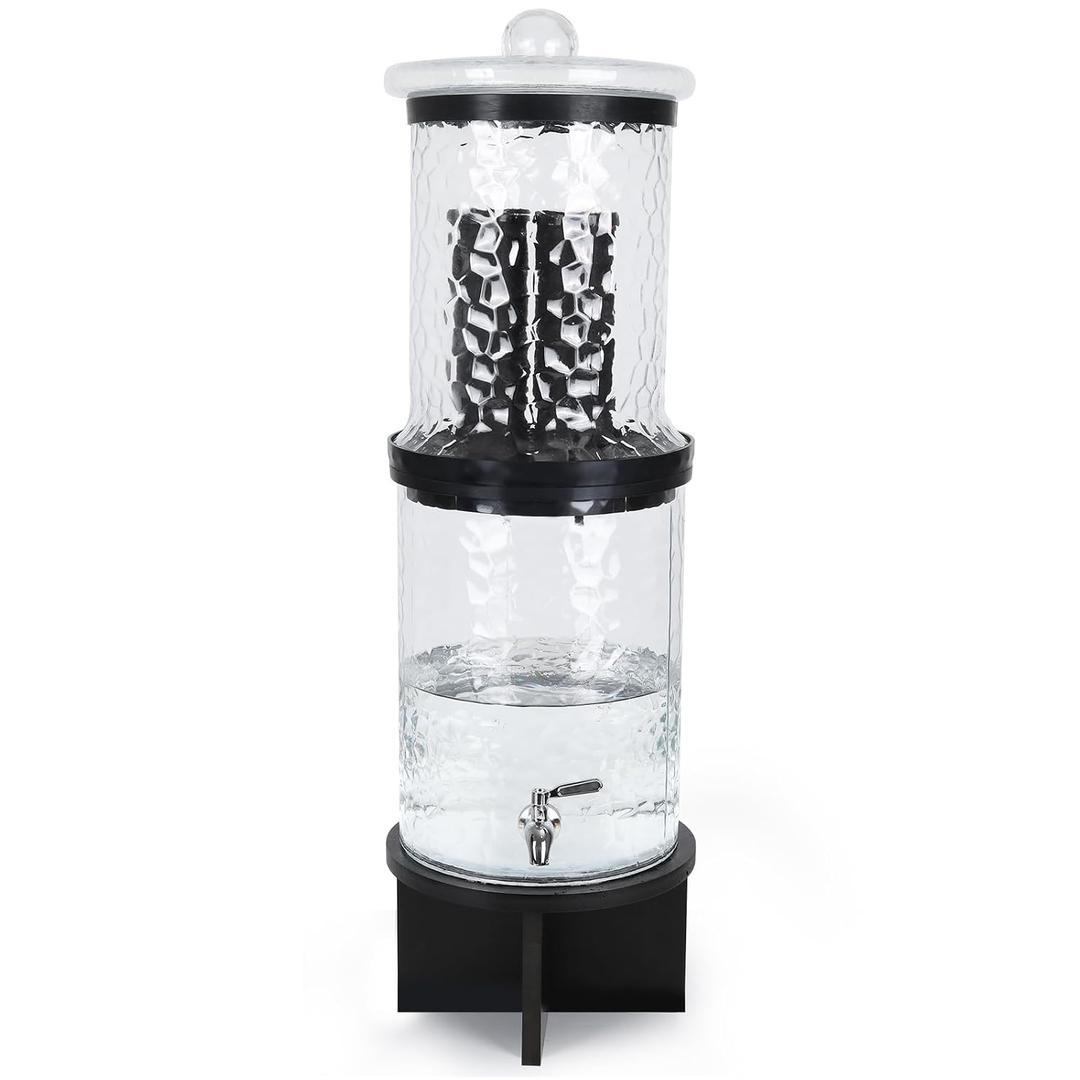3 Gallon All Glass Gravity-Fed Water Purifier, Countertop Water Filtration System with Wooden Stand, for Home, Emergency & Outdoor Survival