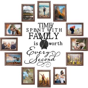 3D Large Family Picture Frames Collage Wall Decor, Picture Frame Collage DIY Clock Photo Frame Family Quote Wall Stickers Kit for Home Living Room Bedroom(5 x 7 Inch,Brown)