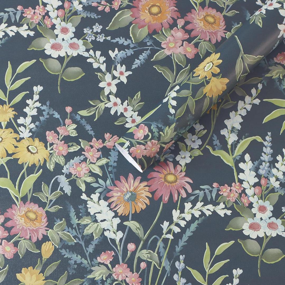 Dimoon 197"x17.3" Vintage Wallpaper Floral Peel and Stick Wallpaper Boho Contact Paper Dark Blue Cute Flower Removable Wall Paper Renter Friendly Kitchen Shelf Liner Bathroom Self Adhesive Vinyl Roll