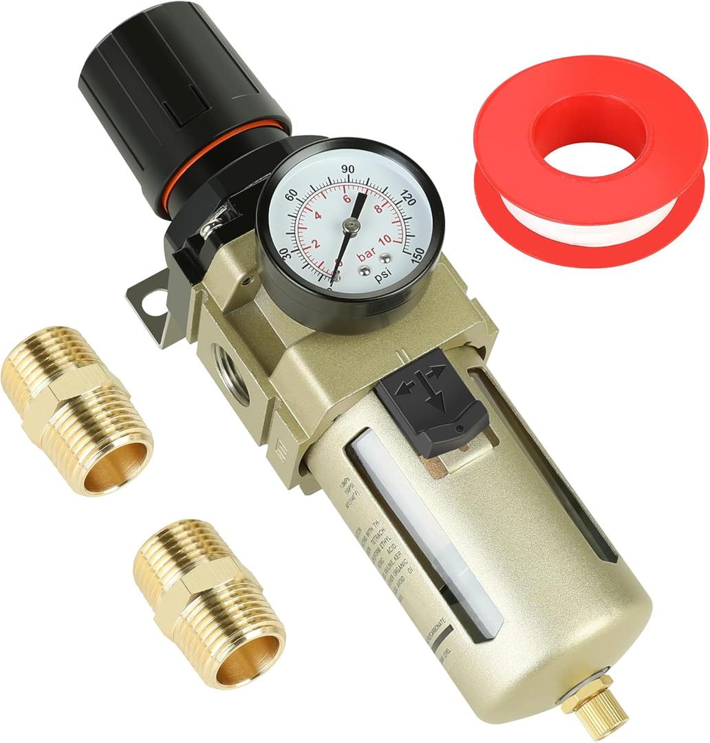 Hromee 1/2 Inch Compressed Filter Regulator Combo, Air Compressor Water Oil Trap Separator with Pressure Gauge, Semi-Auto Drain and Bracket
