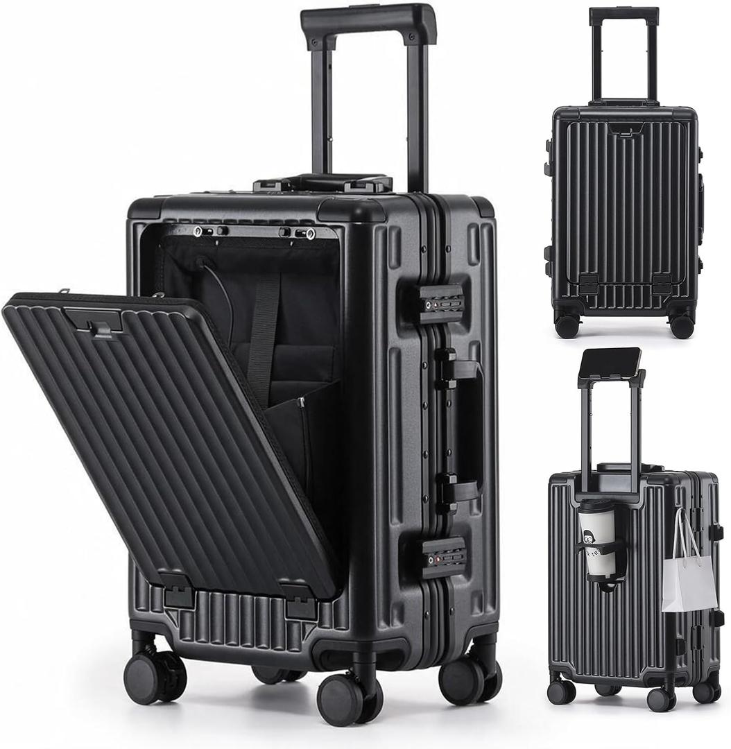 Zipperless Carry On Luggage with laptop Compartment, Black, 20in
PC Hard Shell suitcases, Airline Approved, TSA Approved Lock, 360°Silent Spinner Wheels with Brake, Cup Holder, USB Charging