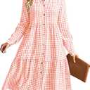 chouyatou Women's Retro Plaid Button Down Shirt Dress Long Sleeve Ruffle Tiered Midi Long Dress with Pockets (Medium, Orange)
