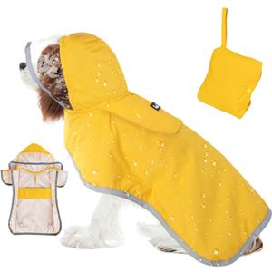 SlowTon Dog Raincoat, Adjustable Dog Rain Jacket Clear Hooded Double Layer, Waterproof Poncho with Reflective Strip Straps and Storage Pocket for Small Medium Large Dog (Yellow L)