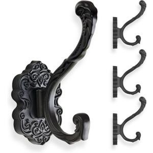 Vintage Black Coat Hooks Wall Mount - 4 Pack Heavy Duty Rustproof Decor for Hanging Towels, Jackets, Hats - Easy Install Kit for Bathroom, Entryway, Mudroom & Bedroom