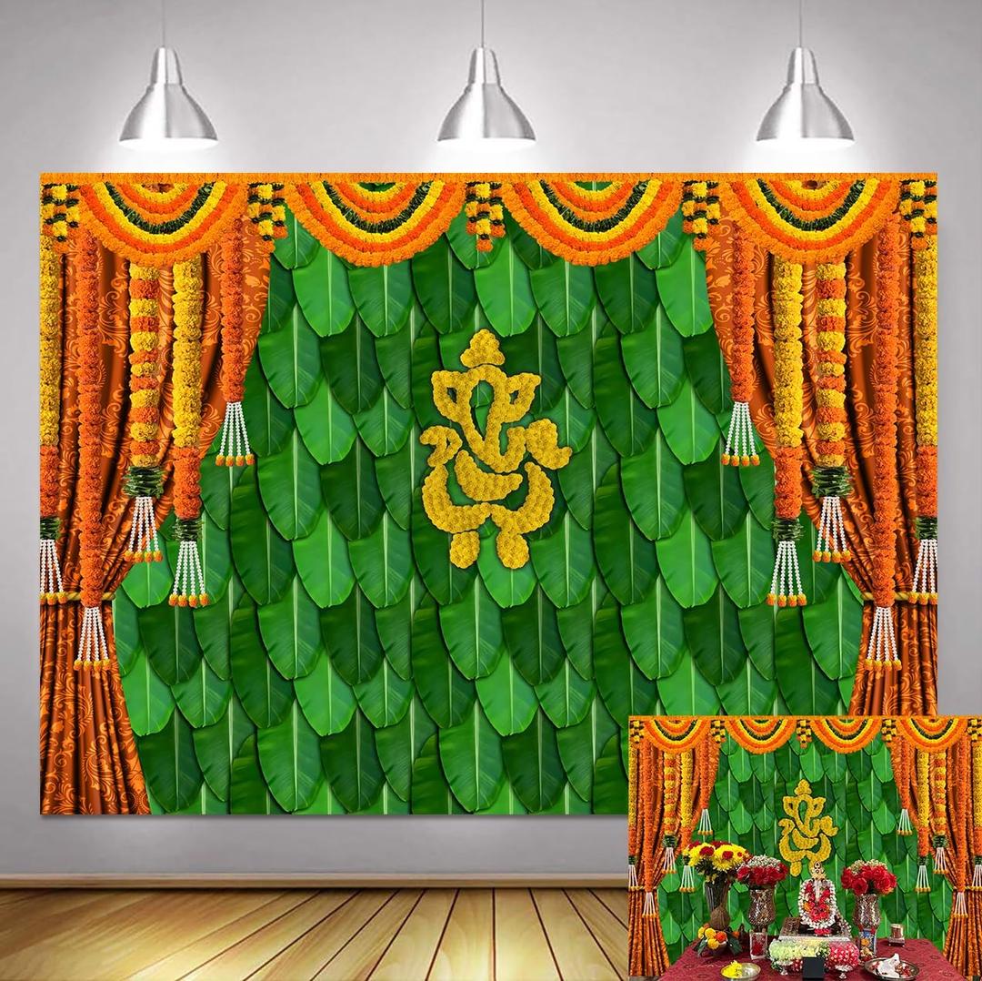 75FT Hindu Festivals Photography Backdrop Family Party Birthday Banner Green Banana Leaf Wedding Party Decorations Tapestry Photo Booth Props