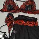 Foxiny Sexy Mini Skirt with Thong Floral Lace Sheer Bralette Lingerie Set 3 Piece Otufits (XX-Large, Black Red)