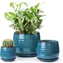 Ceramic Plant Pots with Drainage Holes and Saucers, Indoor Flower Pots for Plants Set of 3, 3.4+4.7+6.1 inch Cute Garden Pots Set for Succulent and Money Tree, Gift for Housewarmings, Blue
