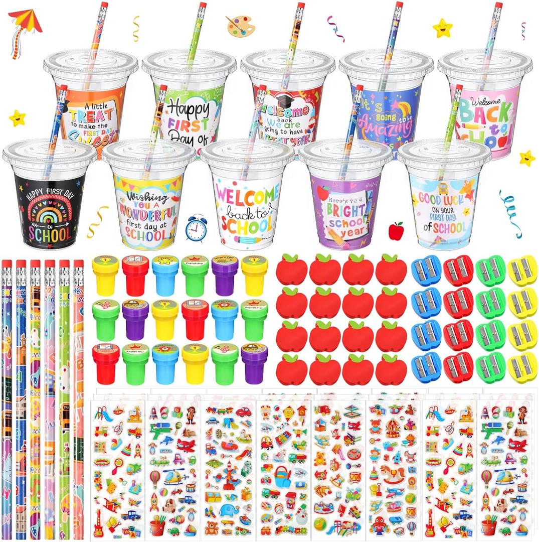 210 Pcs Back to School Stationery Gifts Welcome to School Gift Card First Day of School Stamp Pencil Sharpener Eraser Sticker Cup with Lid for School Classroom Party Exchange Gift Supplies