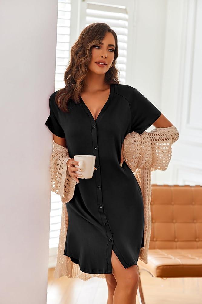 Ekouaer  Women's Nightshirt Button Down Nightgown Short Sleeve Sleepshirt V Neck Pajama Dress with Pockets (Medium, Black)