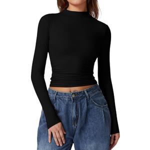 QINSEN Womens Mock Neck Long Sleeve Shirt Double Lined Basic Tees Side Ruched Going Out Crop Tops (X-Small, Black)