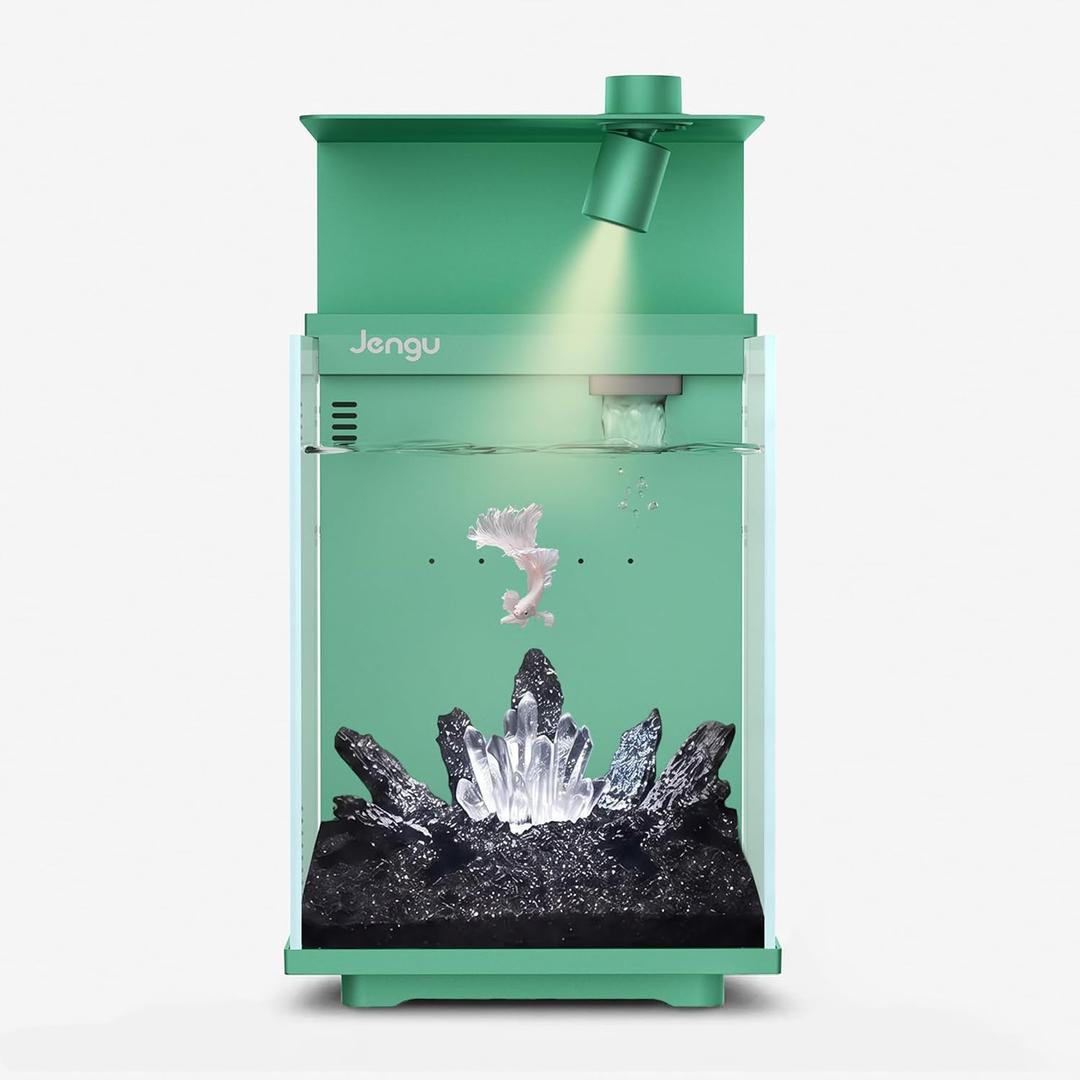 T1  Gal Betta Fish Tank, Nano Desktop Aquarium Starter Kit Hidden Back Filter, Quiet Pump, LED Light, All-in-One Nano Aquarium for Desk, Green, Size: 2.1 Gallon