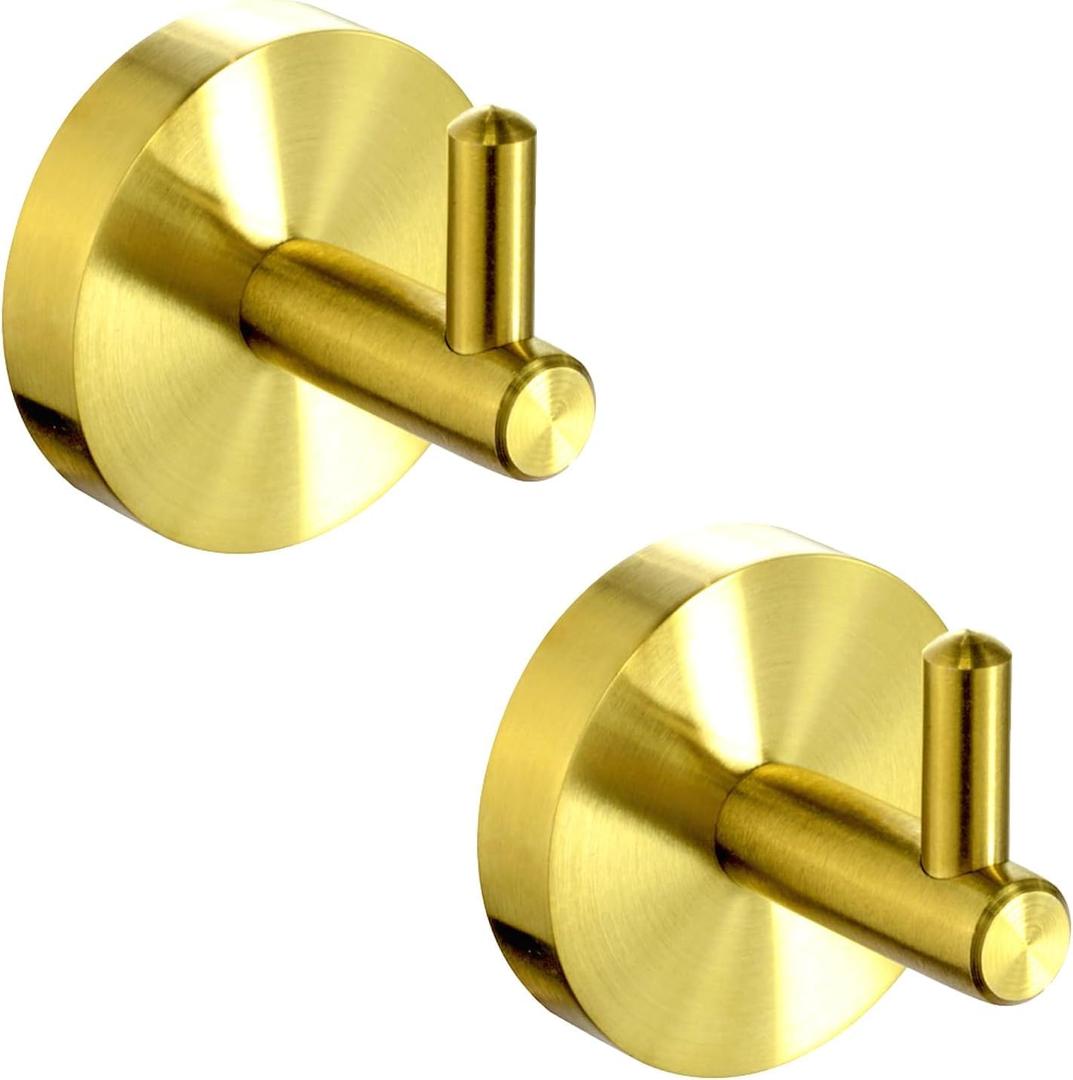 AZW Towel Hooks for Bathrooms, 2 Pack Heavy Duty Stainless Steel Hand Towel Holder Wall Mount Coat Rack Shower Bath Robe Hook Door Hanger for Kitchen Bedroom Hotel(Brushed Brass Gold)