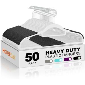 HOUSE DAY Plastic Hangers 50 Pack, Plastic Clothes Hangers Non Slip with Rubber Grip, Heavy Duty Coat Hanger with 360 Swivel Hook, Ultra Thin Hanger Space Saving Closet Organizer - White and Black