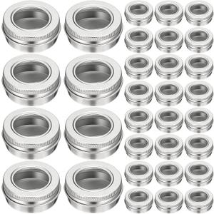 Zubebe 50 Pcs Aluminum Tin Jar Refillable Containers Clear Top Screw Lid Round Tin Container Bottle for Cosmetic, Cream, Diamond Painting, Salves, Balms, Lip Balm, Spices or Others, Silver (1 oz)